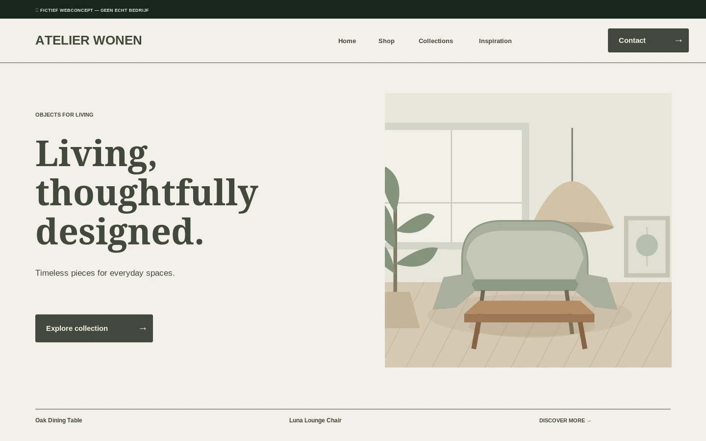 Desktopontwerp van het fictieve websiteconcept Atelier Wonen