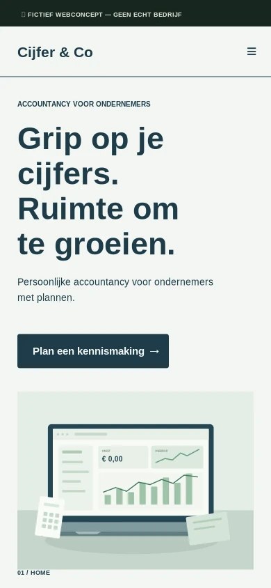 Mobiele mock-up van het fictieve websiteontwerp Cijfer & Co