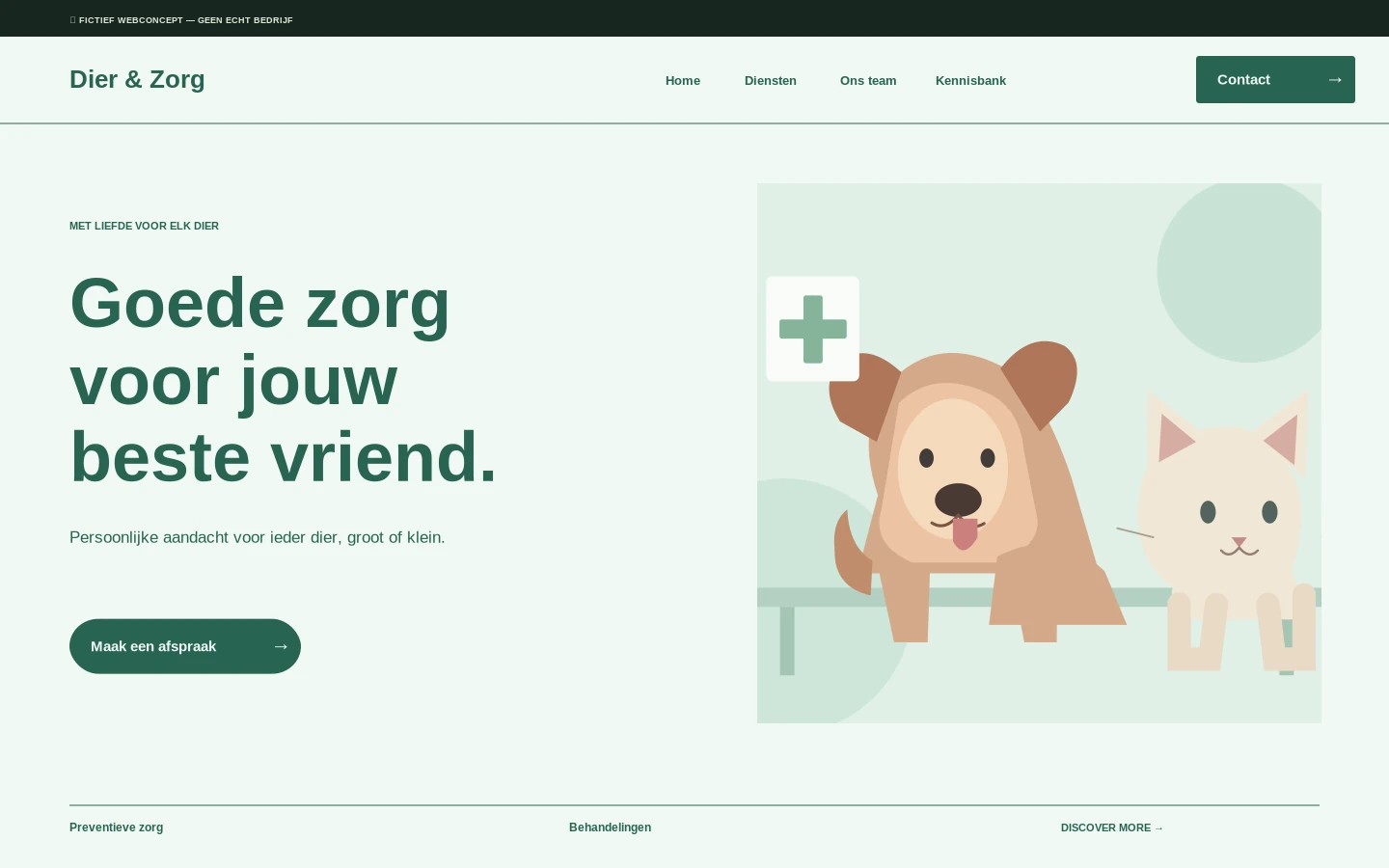 Desktopontwerp van het fictieve websiteconcept Dier & Zorg