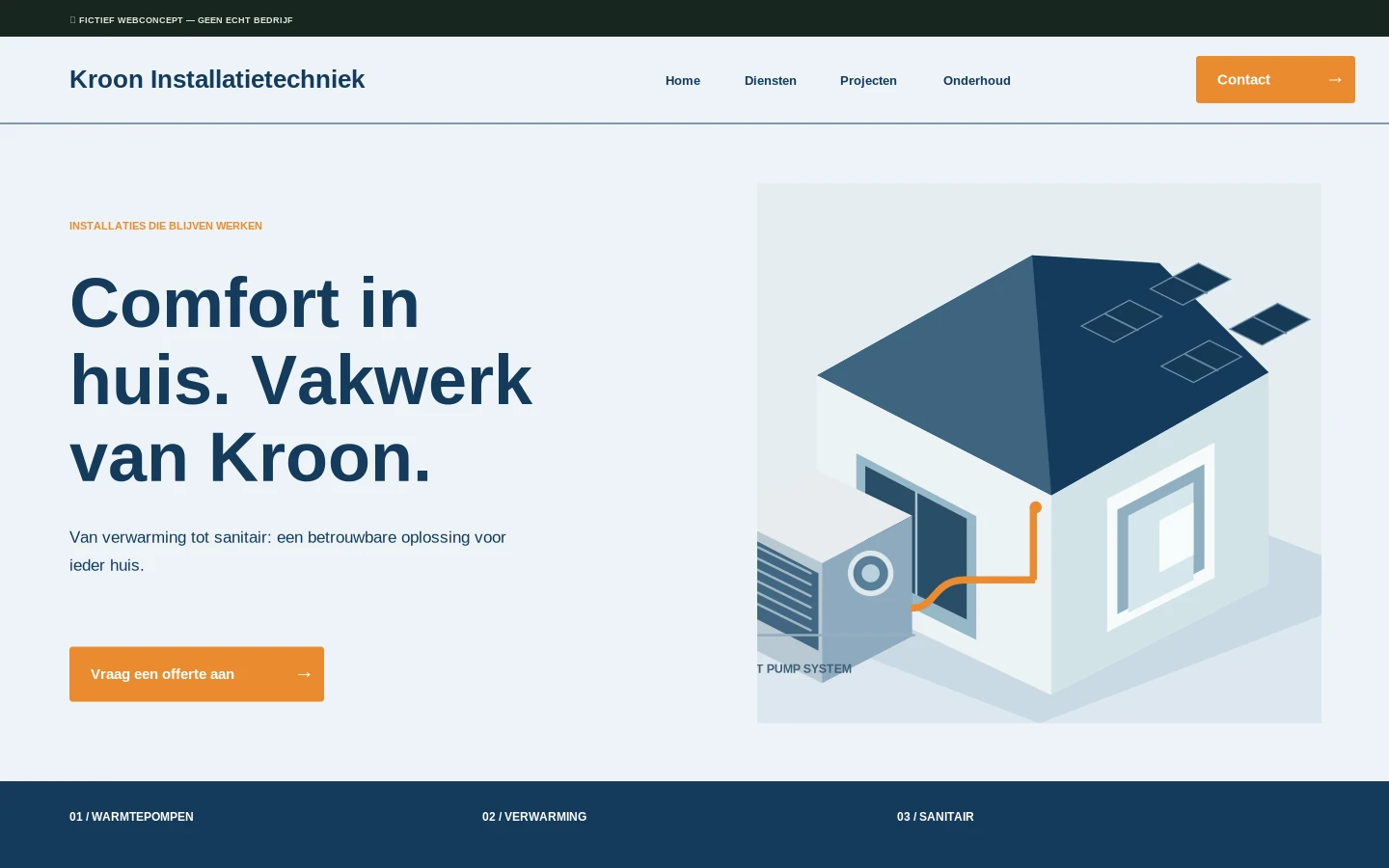 Desktopontwerp van het fictieve websiteconcept Kroon Installatietechniek