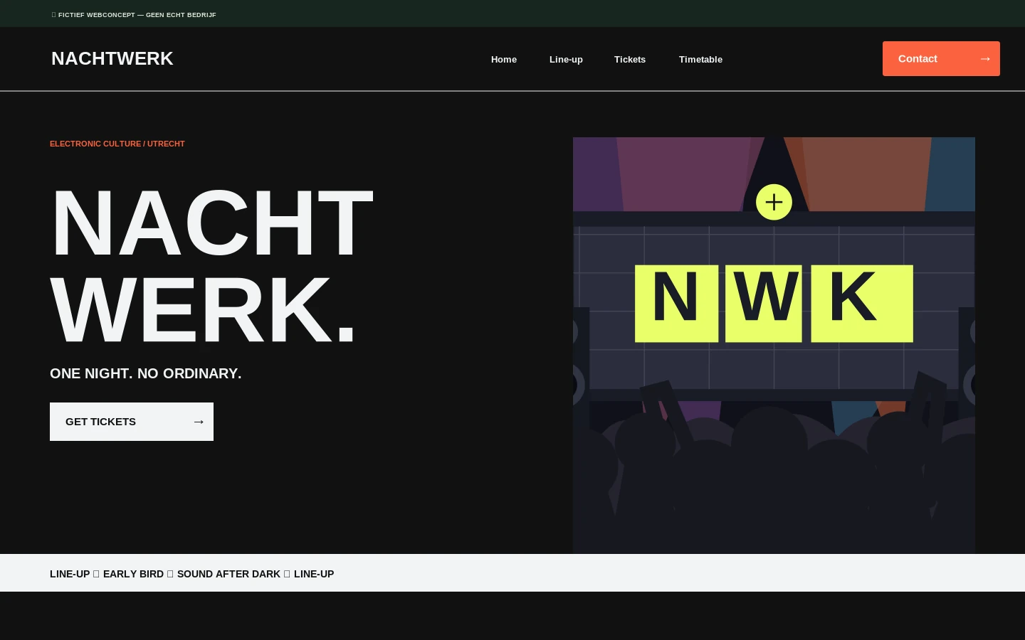 Desktopontwerp van het fictieve websiteconcept NACHTWERK