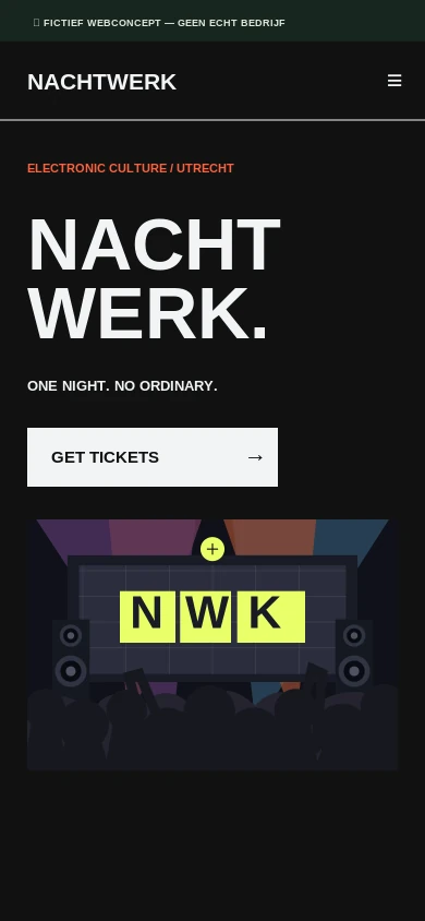 Mobiele mock-up van het fictieve websiteontwerp NACHTWERK