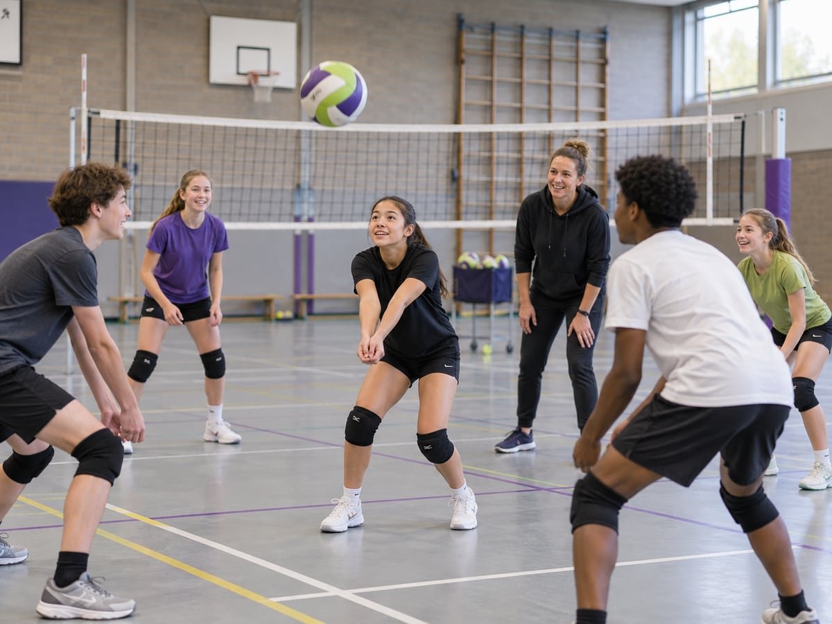 Jeugdspelers leren samen een volleybalpass.